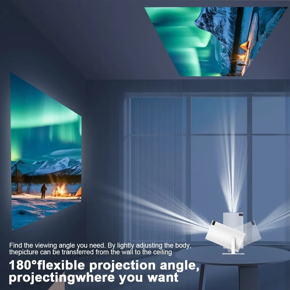 A Magcubic Hy300 projector projecting a colorful image of the northern lights on a living room ceiling. Text overlayed on the image reads  'Find the viewing angle you need. By lightly adjusting the body, the picture can be transferred from the wall to the ceiling. 180° flexible projection angle, projecting where you want.'