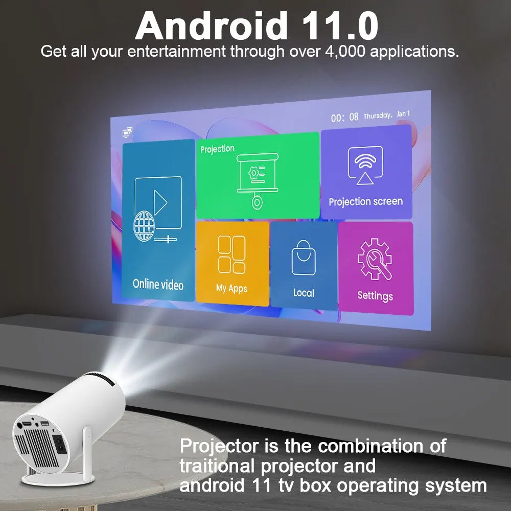 A Magcubic projector sitting on a table next to a TV. The projector has a built-in Android TV box operating system and can project content directly. Text overlayed on the projector highlights features including Android 11.0, access to over 4,000 applications, online video, My Apps, local storage, settings, and a traditional projector and Android TV box combination.